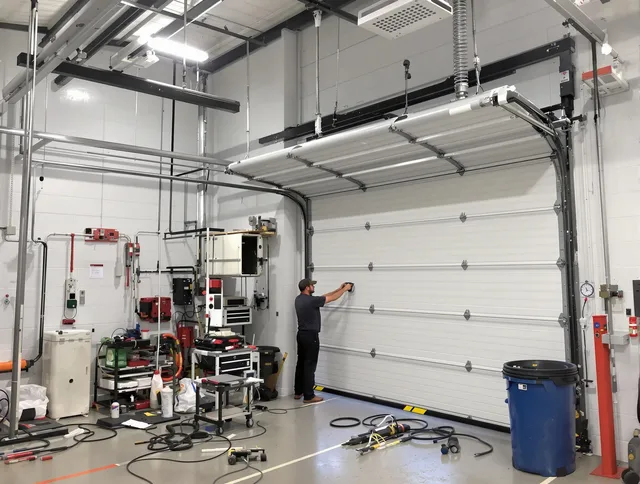 Hialeah Garage Door Repair certified technician performing commercial door repair at a Hialeah business facility