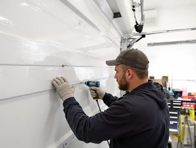 Hialeah Garage Door Repair technician demonstrating precision dent removal techniques on a Hialeah garage door
