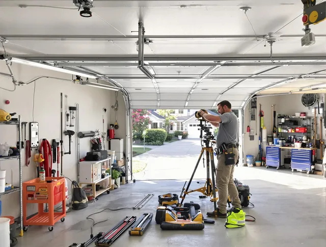Hialeah Garage Door Repair specialist performing laser-guided track alignment in Hialeah